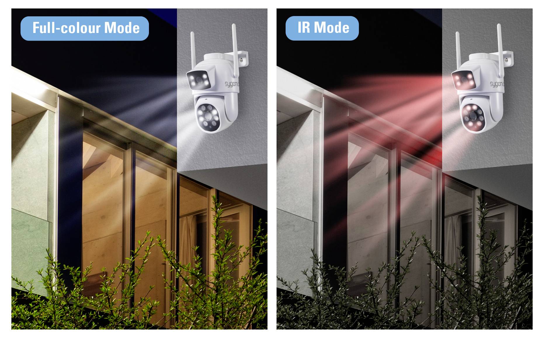Links: Security camera illuminating area in full colour mode with white light. Right: Same camera in infrared mode with red light.