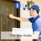 A delivery person is ringing at the door, while a camera with a microphone is active in conversation mode. Text: 'Two-Way Audio'.