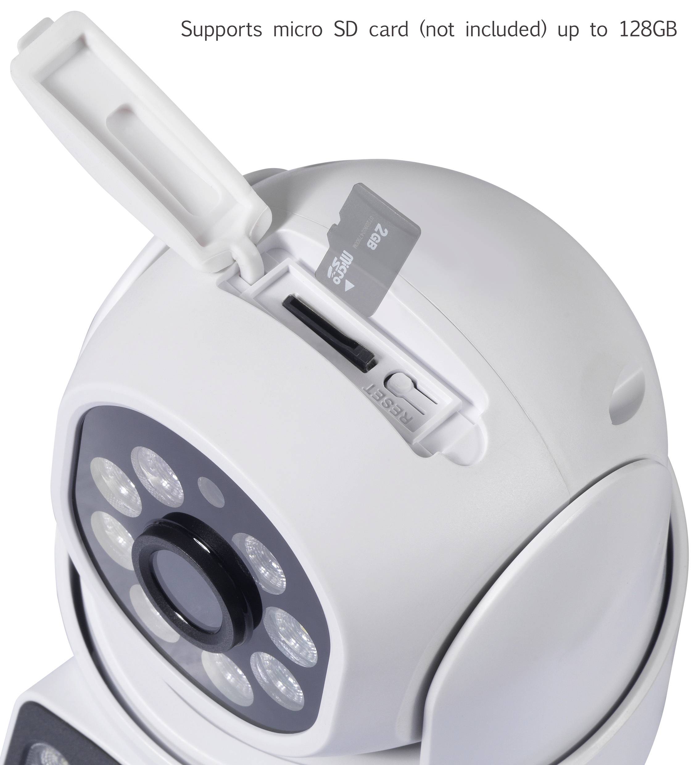 Surveillance camera with an open slot for a microSD card, supporting up to 128GB (card not included).