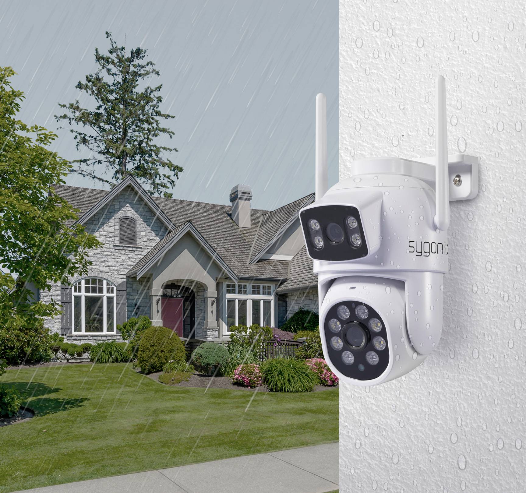 A security camera is mounted on a wall while it is raining. In the background, a house with a well-maintained garden can be seen.