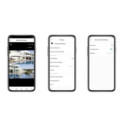'Three smartphone screens display camera settings: an app with a dual-lens view, general settings, and basic functions.'