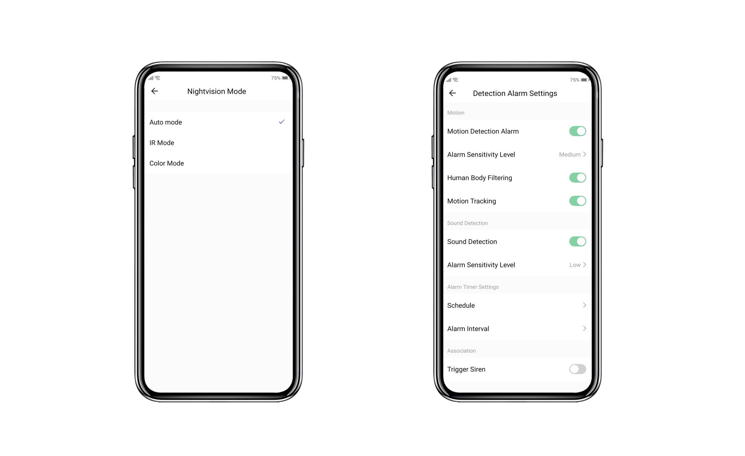 Left smartphone shows night vision mode settings with options for Auto mode, IR mode, and Colour mode. Right displays alarm settings for motion, sound, and people with toggle switches.