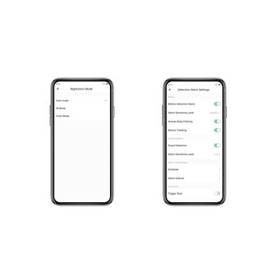 Left smartphone shows night vision mode settings with options for Auto mode, IR mode, and Colour mode. Right displays alarm settings for motion, sound, and people with toggle switches.