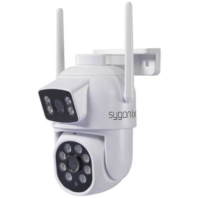 White surveillance camera with two camera lenses and LED lights on the front, mountable on walls.
