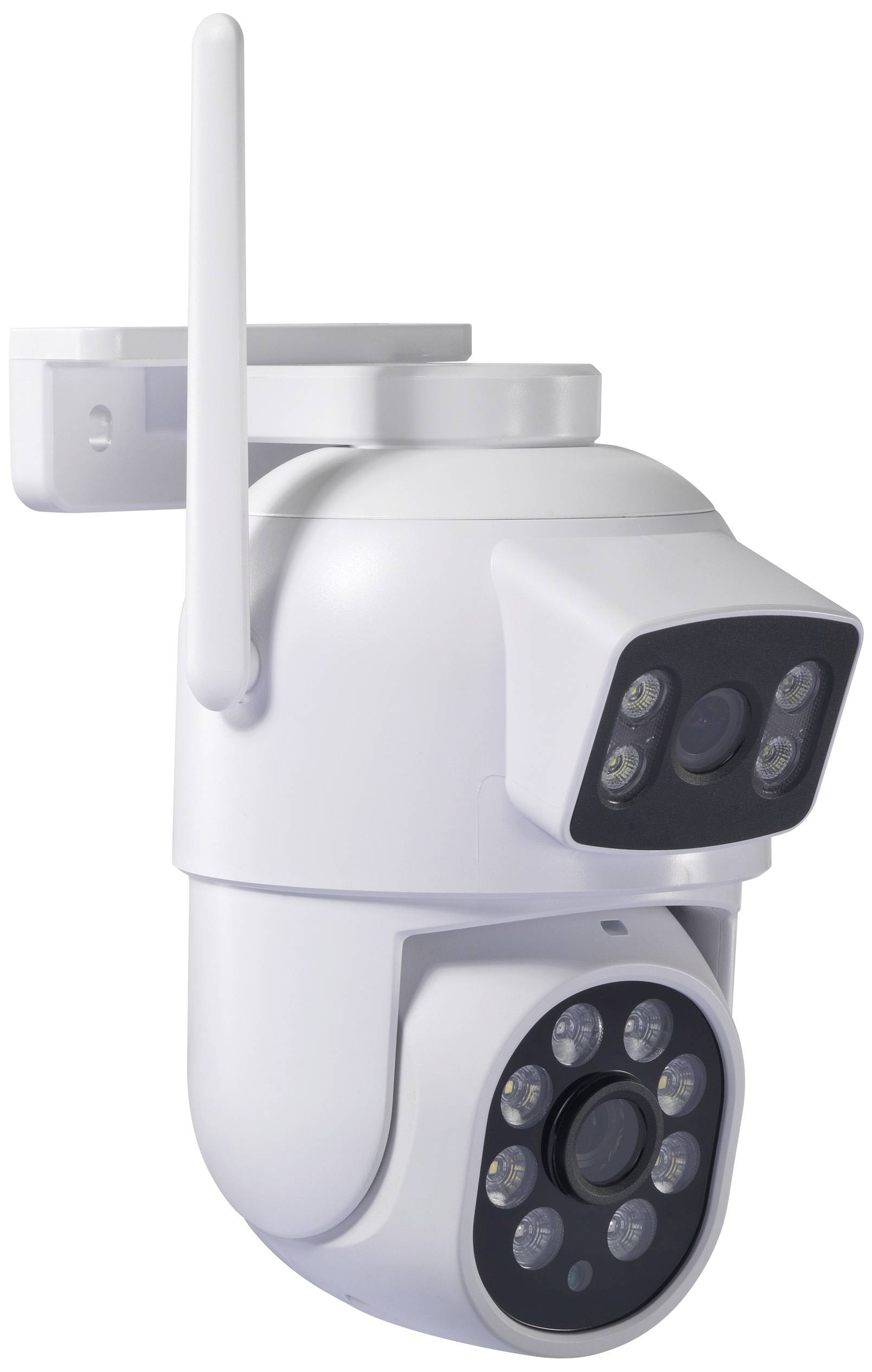 White surveillance camera with antenna and two lenses, wall-mounted for outdoor security monitoring.