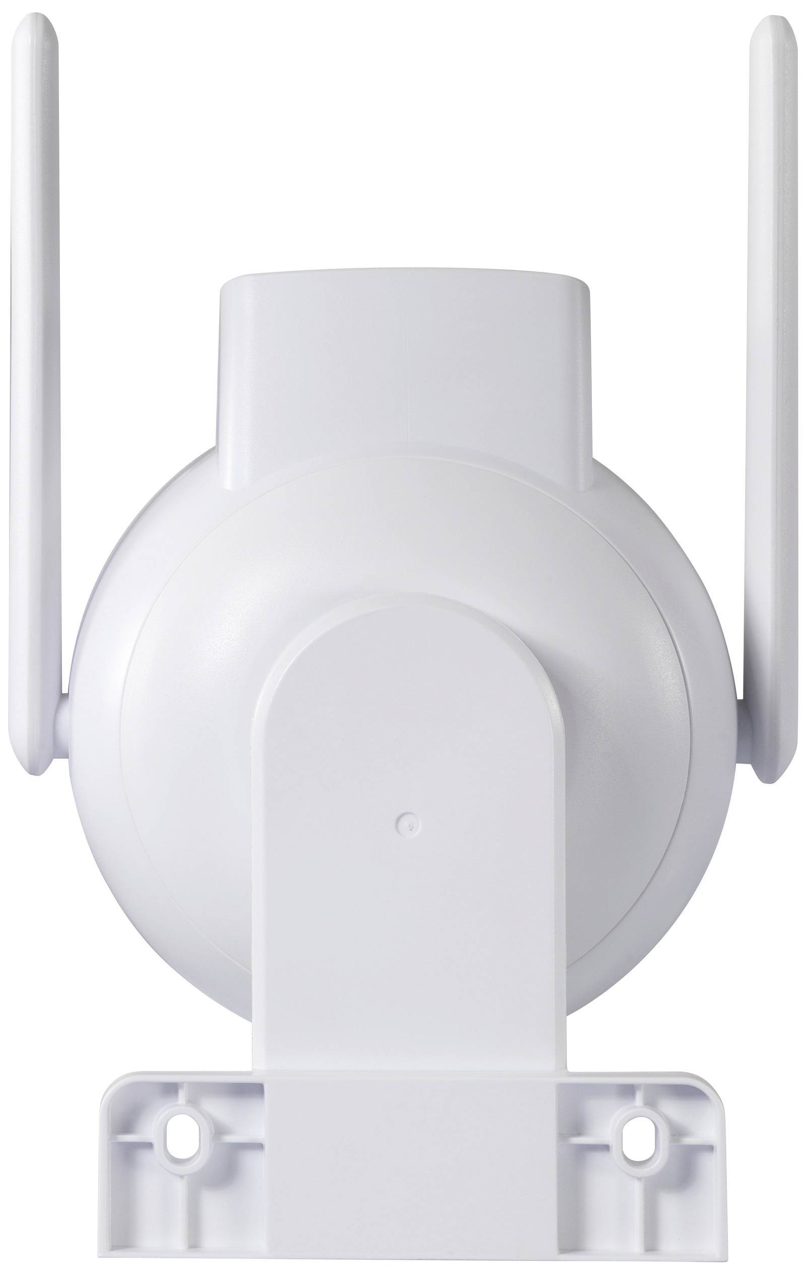 A white Wi-Fi repeater with two aerials. Front view of the device used to boost a wireless network signal.