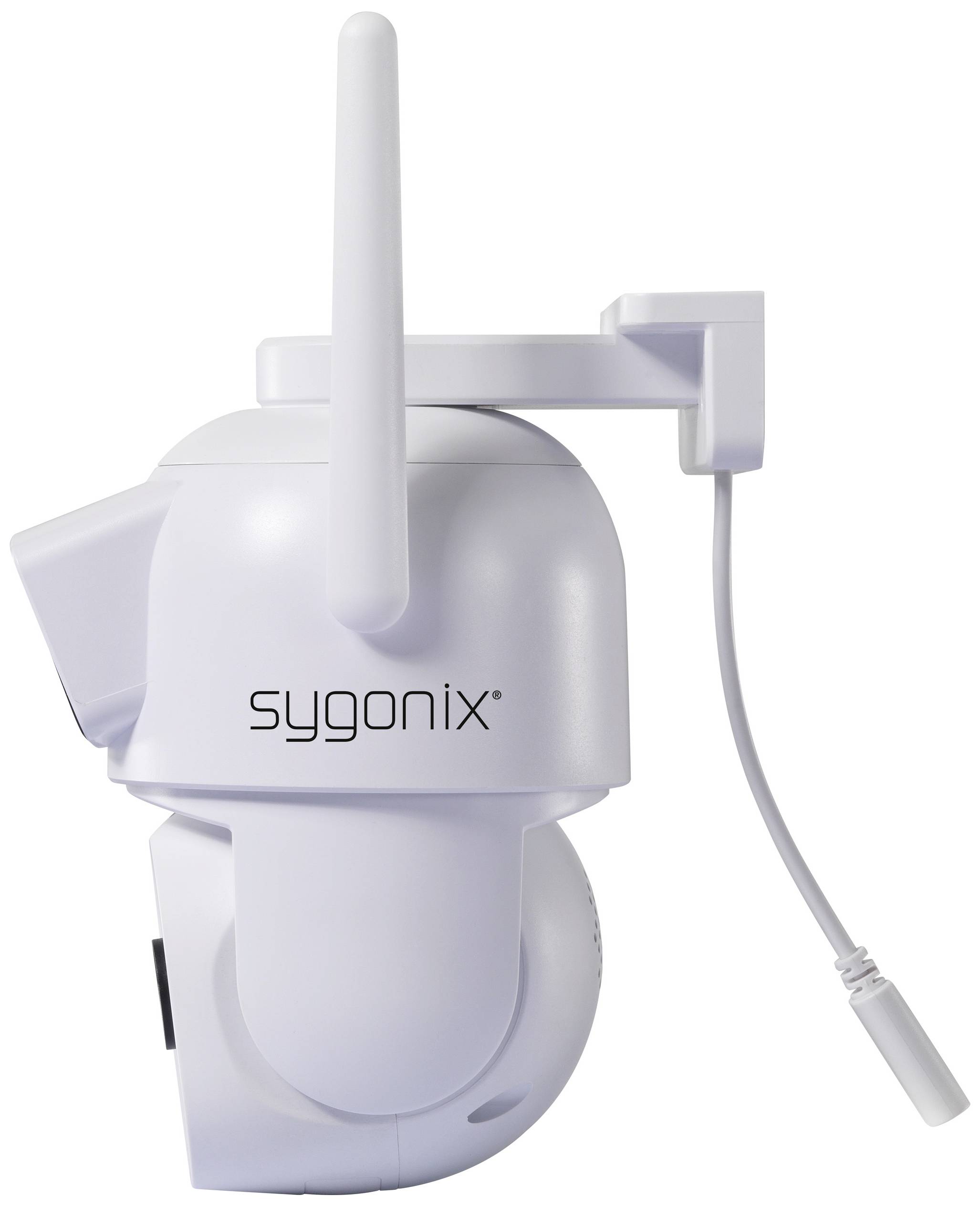 A white surveillance camera with an antenna, wall-mountable. Cable protruding. Brand name 'sygonix' on the side.