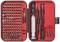 A red tool set with numerous screwdriver bits, handles, and tools for repair work, neatly arranged in an open case.