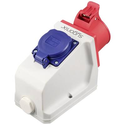 Industrial socket with red plug and blue socket, brand 'SLDOMIX', in white and red. Suitable for robust electrical connections.