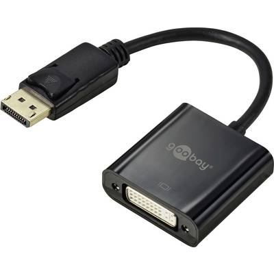 DisplayPort to DVI adapter with black cable, DisplayPort plug on the left, DVI socket on the right. Brand name 'goobay' visible.