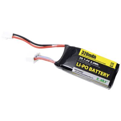 'A 320mAh Li-Po battery with 7.4V and 2.4Wh, black with yellow label. Suitable for small electronic devices or models.'