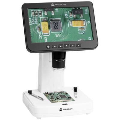 Digital microscope displays a magnified view of a circuit board on the screen. Used for detailed inspections of electronic components.