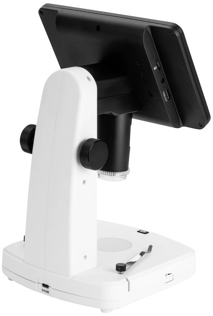 Digital microscope with black screen on white stand, viewed from the side, suitable for magnifications and observations.