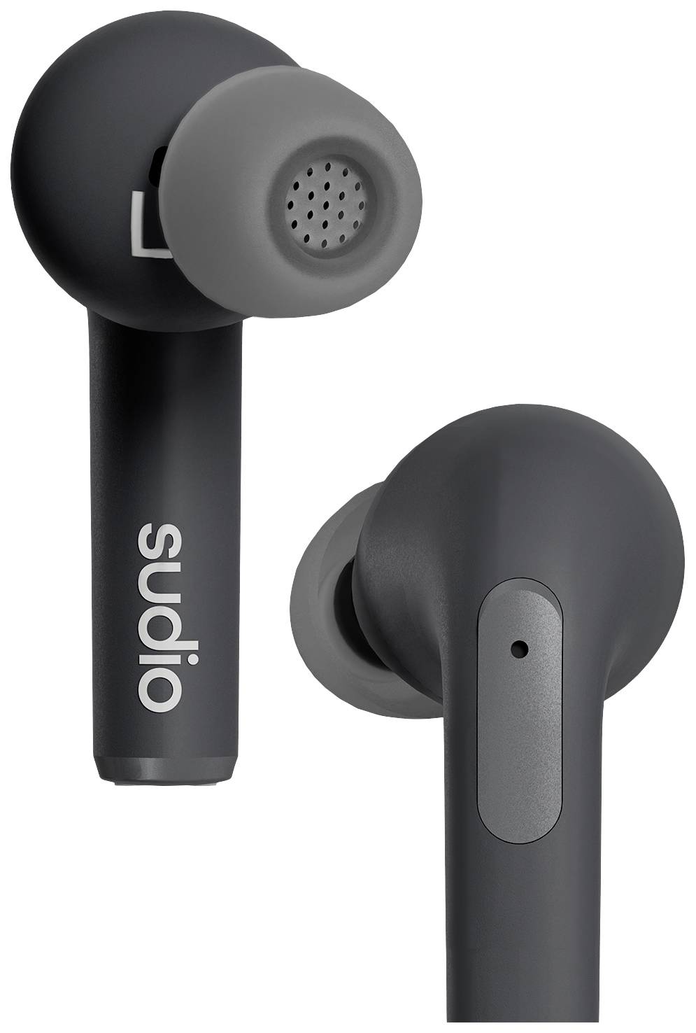 Two black wireless earbuds with grey tips. One shows the 'Sudio' logo, the other shows the back with a button.