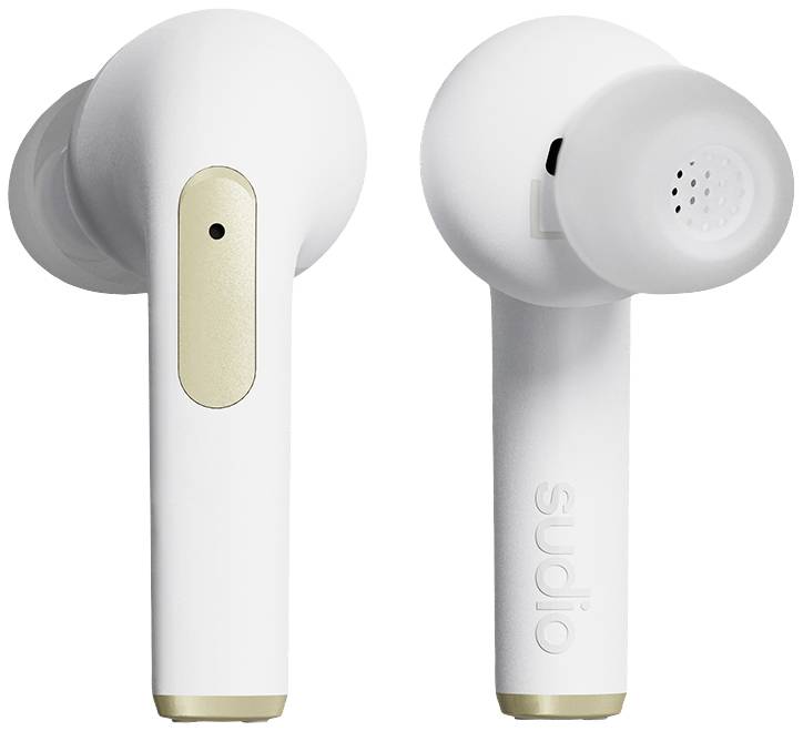 White wireless in-ear headphones with gold-coloured accents, front and rear view.