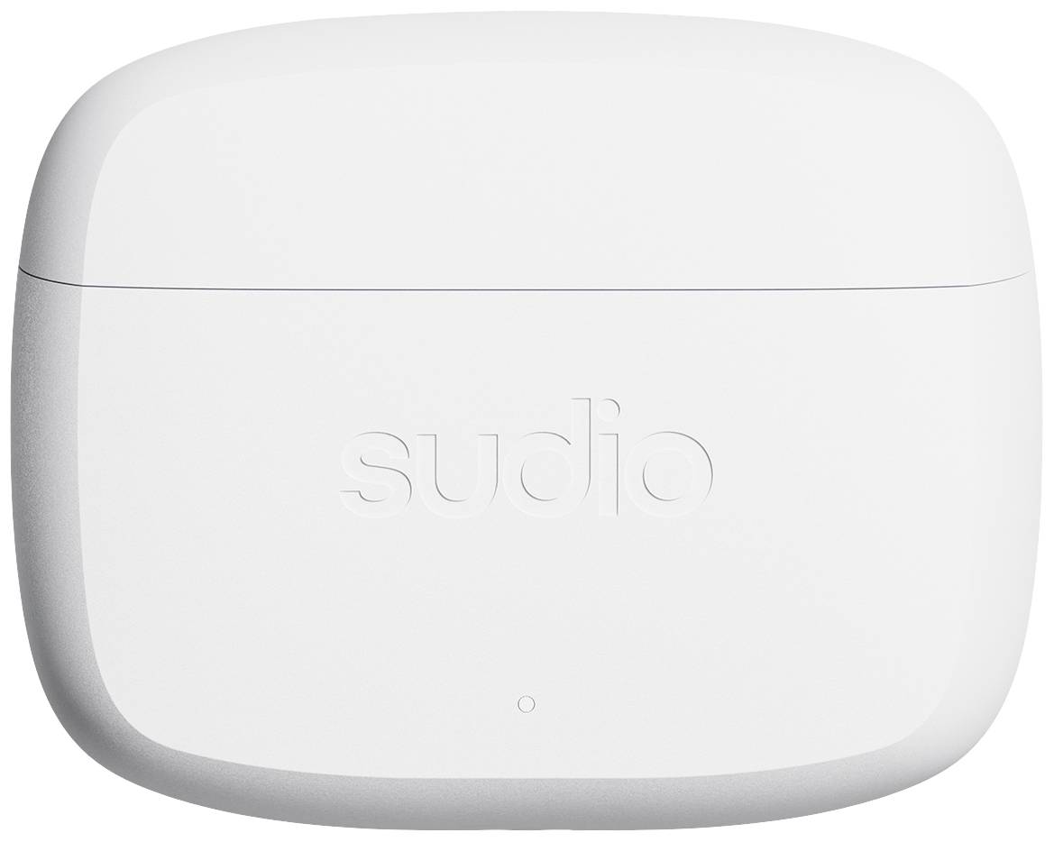 A white, rectangular charging case with rounded corners and the brand name "sudio" embossed on the front.
