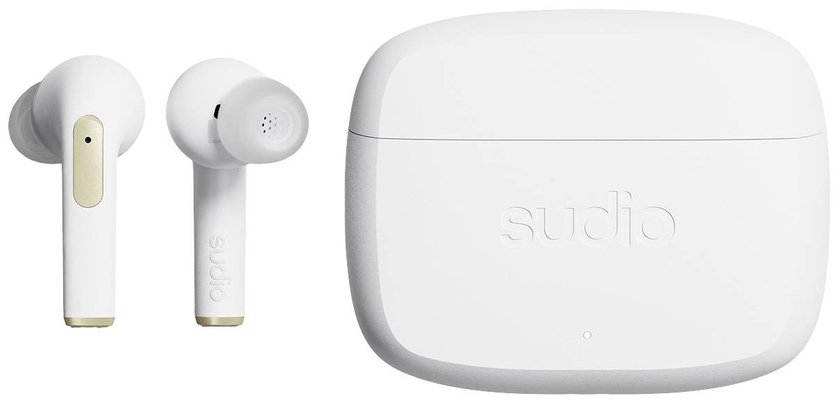 White wireless earbuds with charging case. Elegant and compact for on-the-go. Brand name visible on case.