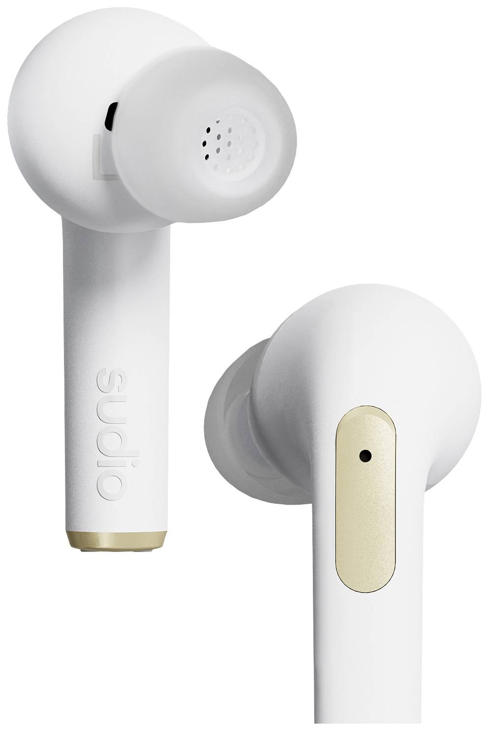 Two white wireless earbuds, one shown from the front and one from the back, with golden accents, elegantly and modernly designed.