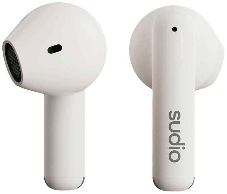 Two wireless earbuds in white, one viewed from the front, one from the back, with the brand inscription 'sudio' on the rear.