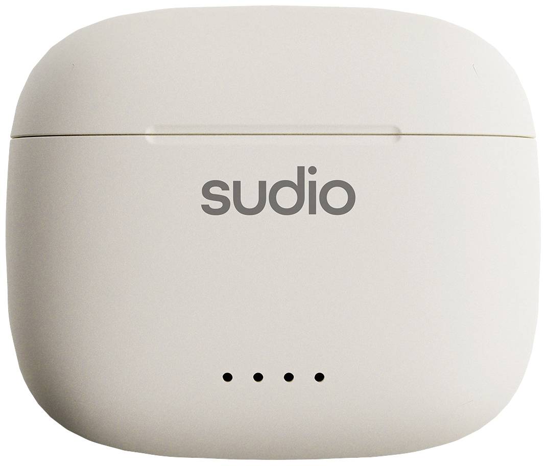 White studio earphone case with four LED indicators on the front.