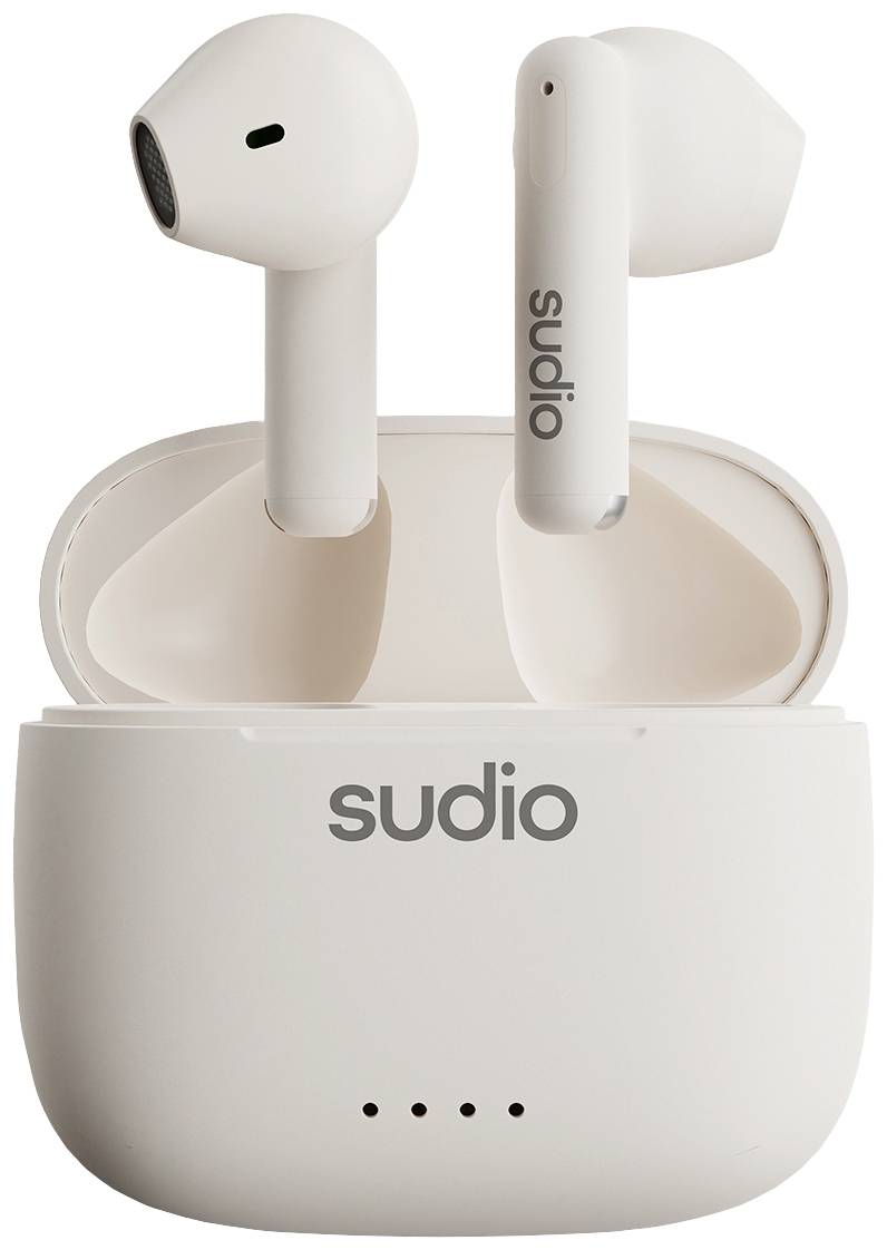 Wireless white earbuds with charging case. The case features four small LED indicators and bears the name 'sudio'.