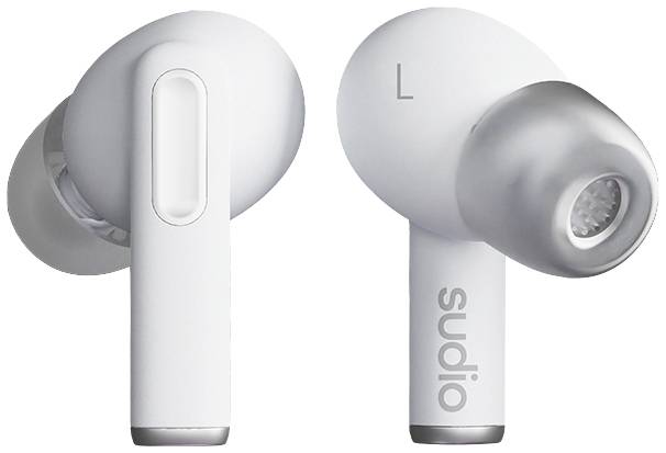 White wireless in-ear headphones with silicone ear tips. An 'L' is marked on the left side. The brand name 'sudio' is visible on the side.