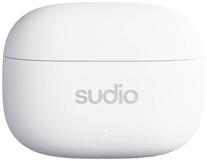 White wireless headphone charging station with the 'sudio' text on the front.