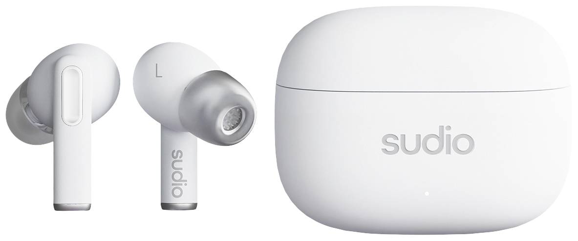 White wireless earbuds with charging case, with the 'sudio' logo visible. Elegantly designed and ergonomically adapted.