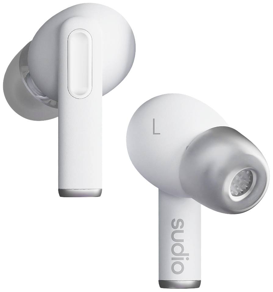 Wireless white in-ear headphones with an ergonomic design and silver accents. One earphone is marked with an 'L'.