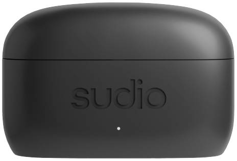 Black case with an engraved 'sudio' inscription on the front, likely a charging case for wireless earbuds.