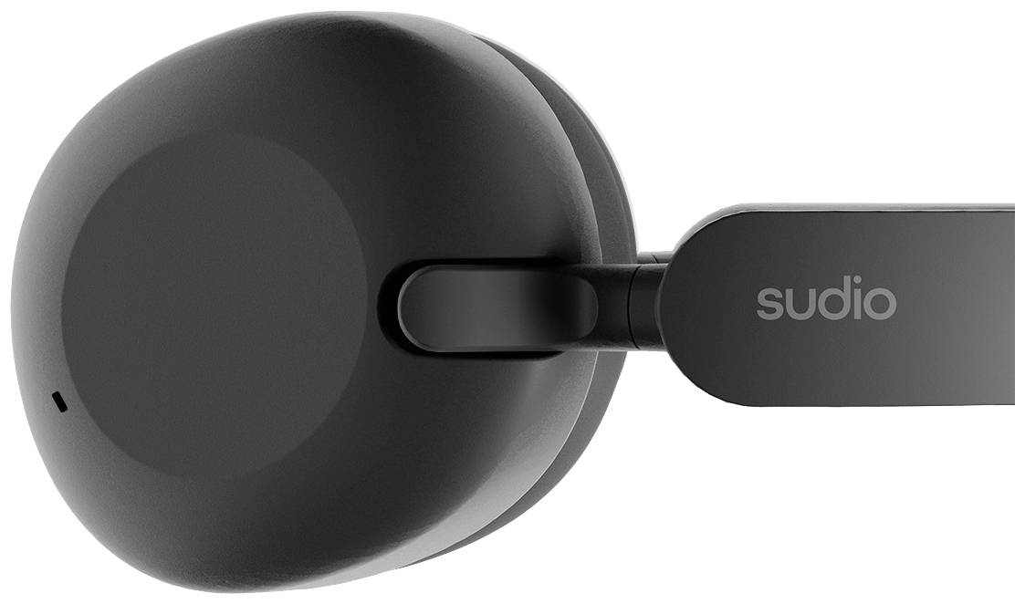 Black wireless headphones with the 'sudio' label on the headband.