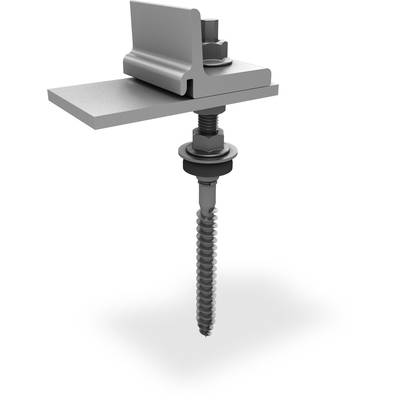 Metal mounting bracket with screw, nut and clamp, used for installing solar panels on roofs.