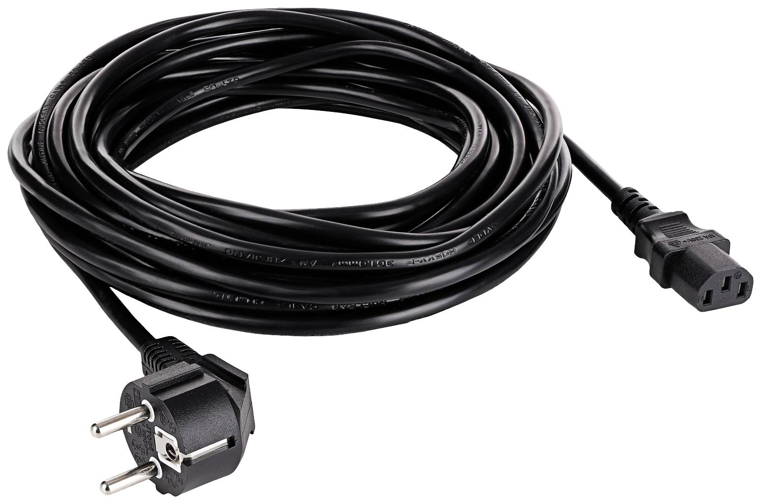 'Black network cable with European plug and C13 connector, commonly used for computers and office equipment.'