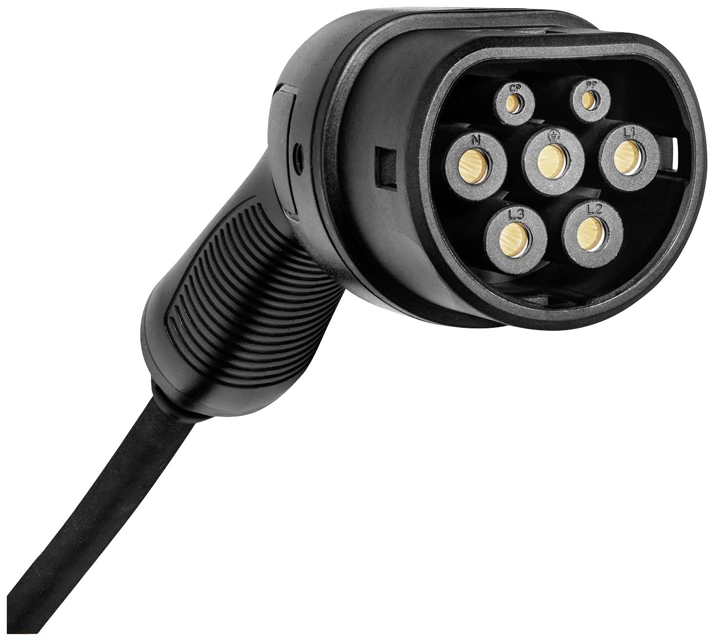 Black and grey charging plug for an electric vehicle with multiple round connectors, shown from an angled side perspective.