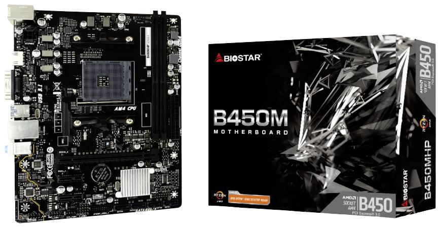Biostar B450M motherboard and packaging. Designed for AMD processors. Contains essential ports for PC components.