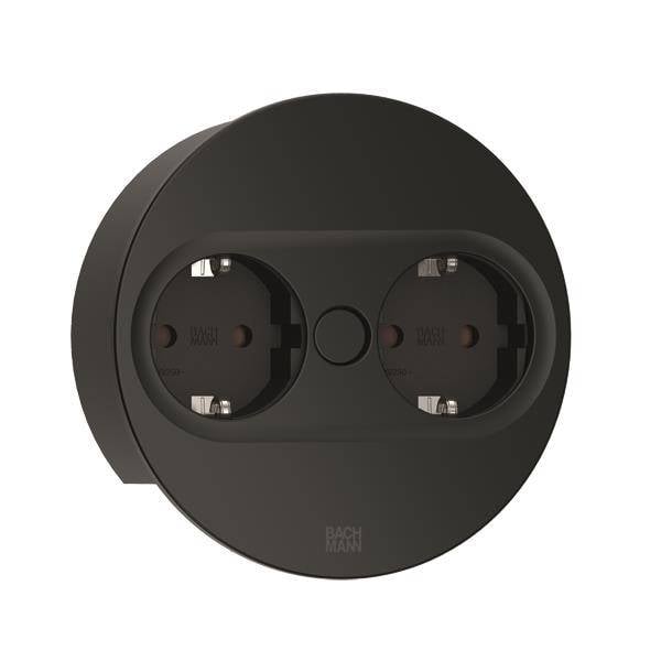 Black, round multi-socket extension lead with two power outlets, suitable for flexible power supply in modern environments.