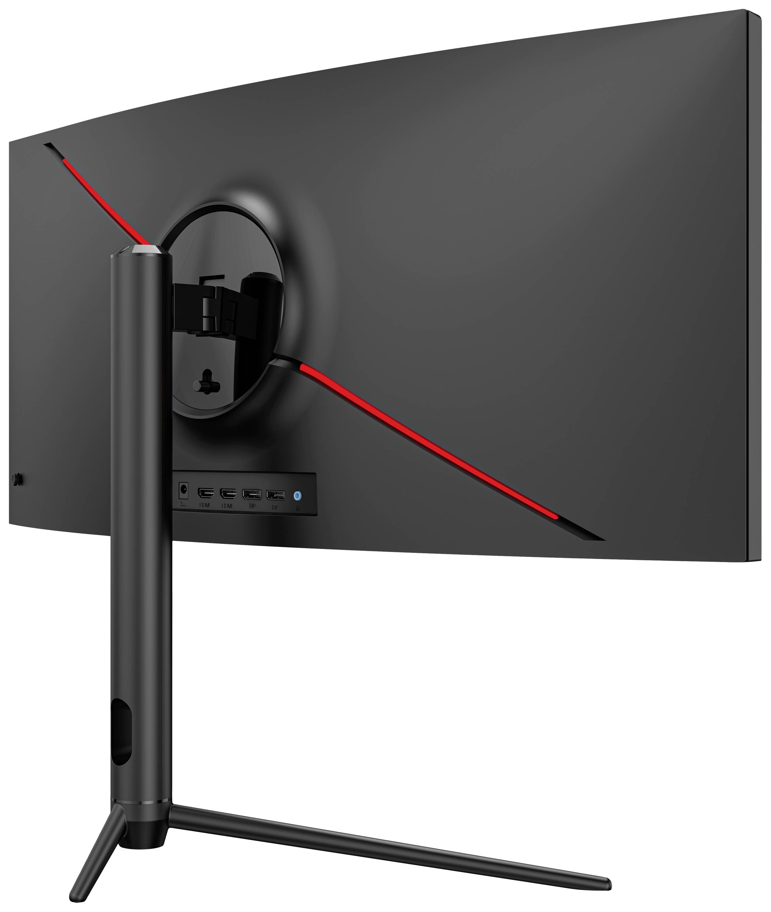 A large, curved monitor with a black casing and red accent on the back. The monitor sits on a slender stand.