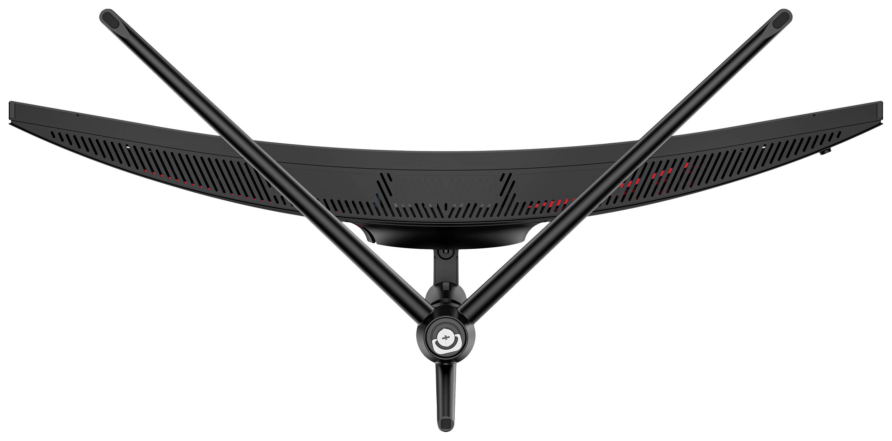 Back of a curved monitor with two V-shaped legs and a central stand base.