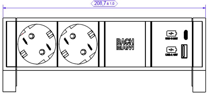 'Technical drawing of a multi-socket outlet with two plug sockets on the left and three USB ports on the right. Total width 208 mm.'