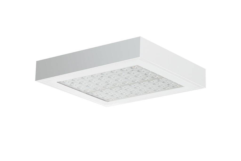 White, square LED ceiling light with a clean design, visibly featuring multiple LED lamps beneath a transparent cover.