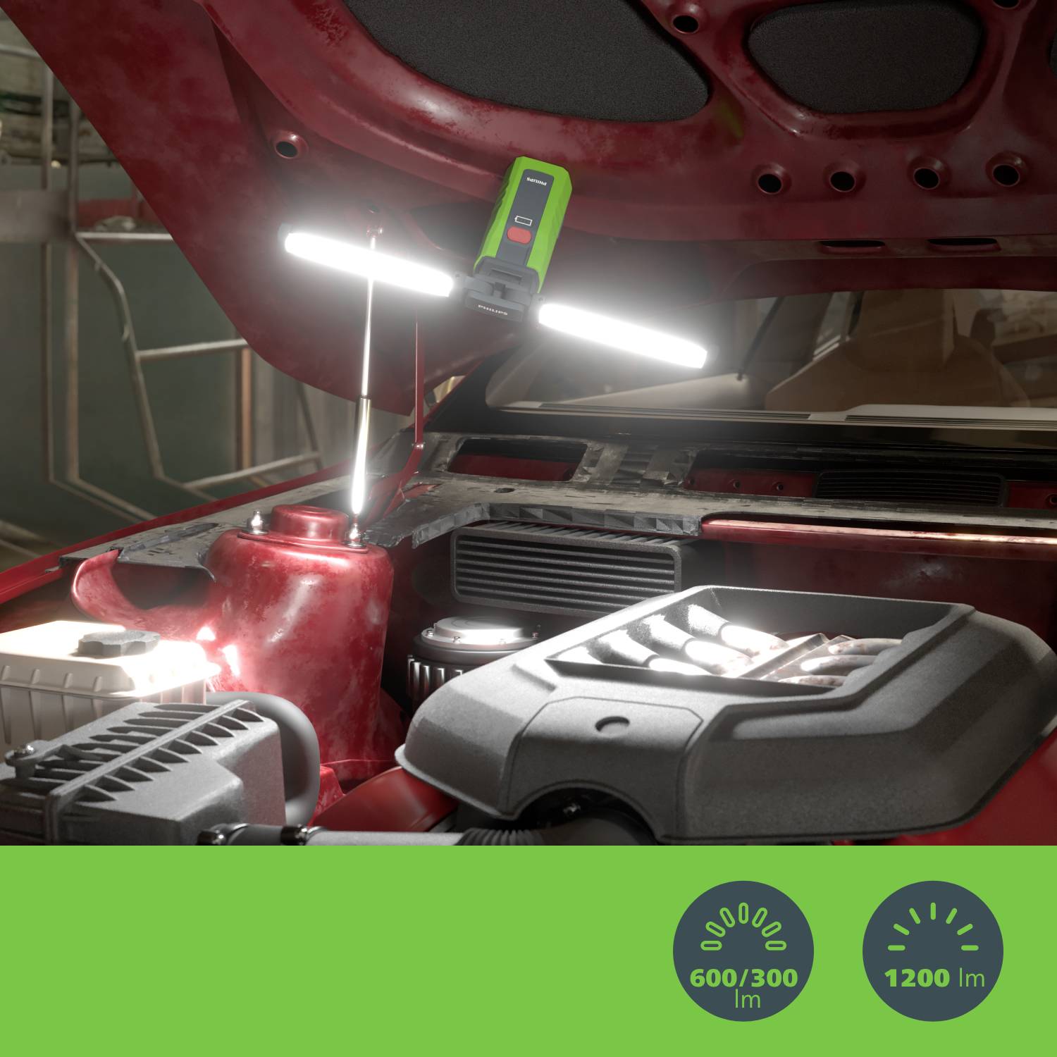 Red car with open bonnet in garage; portable LED lamp illuminates engine, green battery indicator below shows 600/300 lm, 1200 lm.