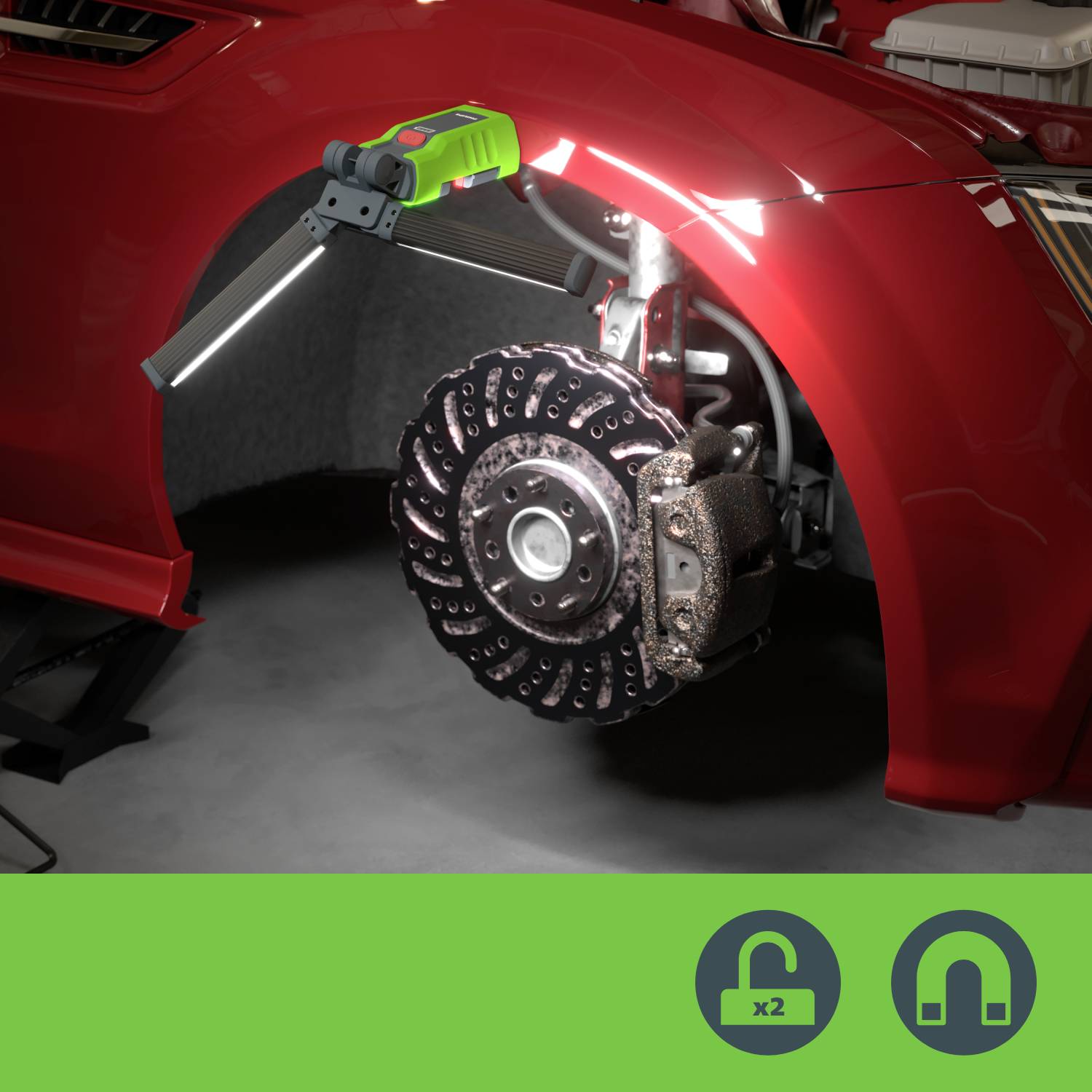 Car with a removed wheel, brake disc exposed, accompanied by a work light and symbols for safety precautions.