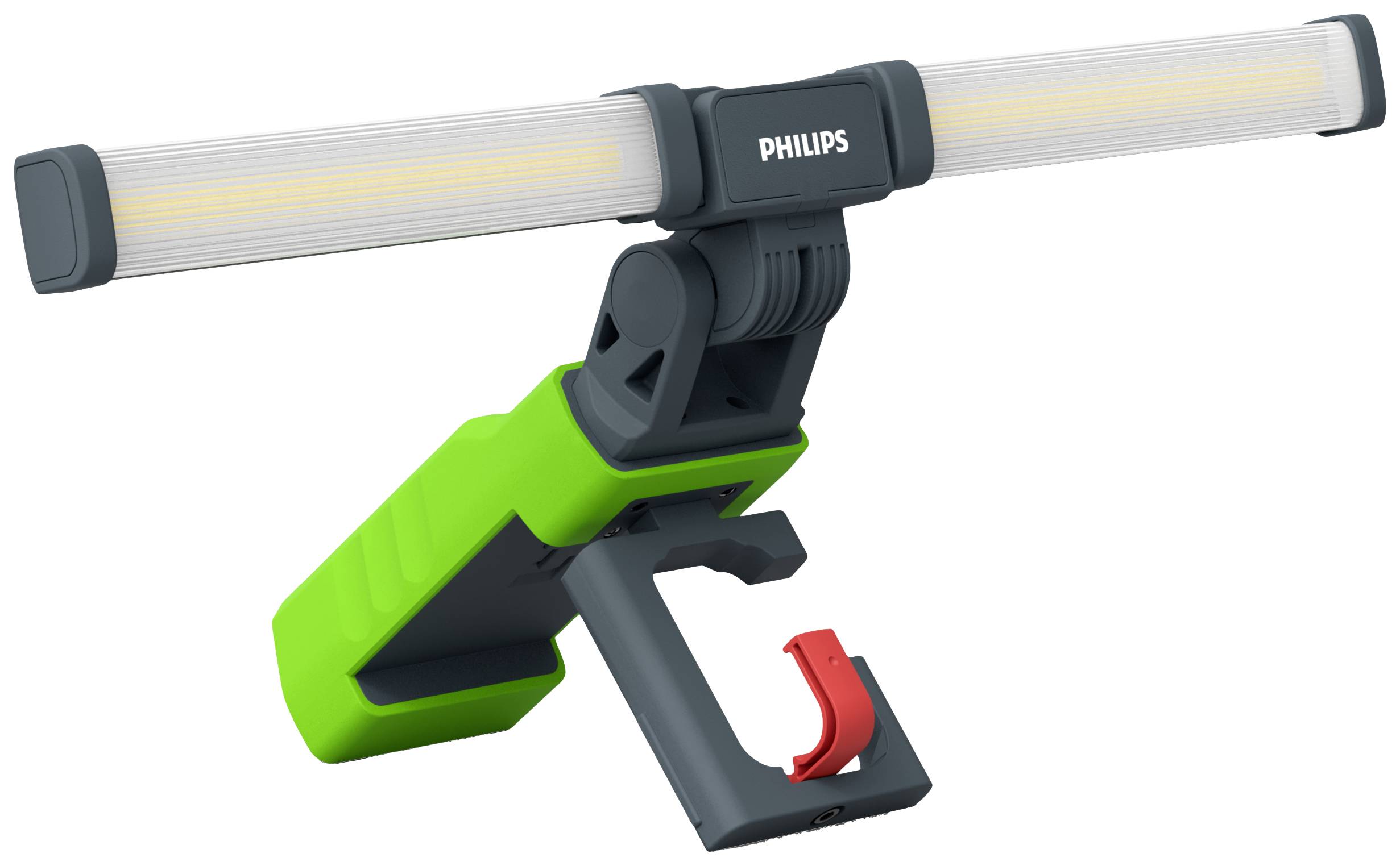 A green and black LED work light with an adjustable head, brand name visible.