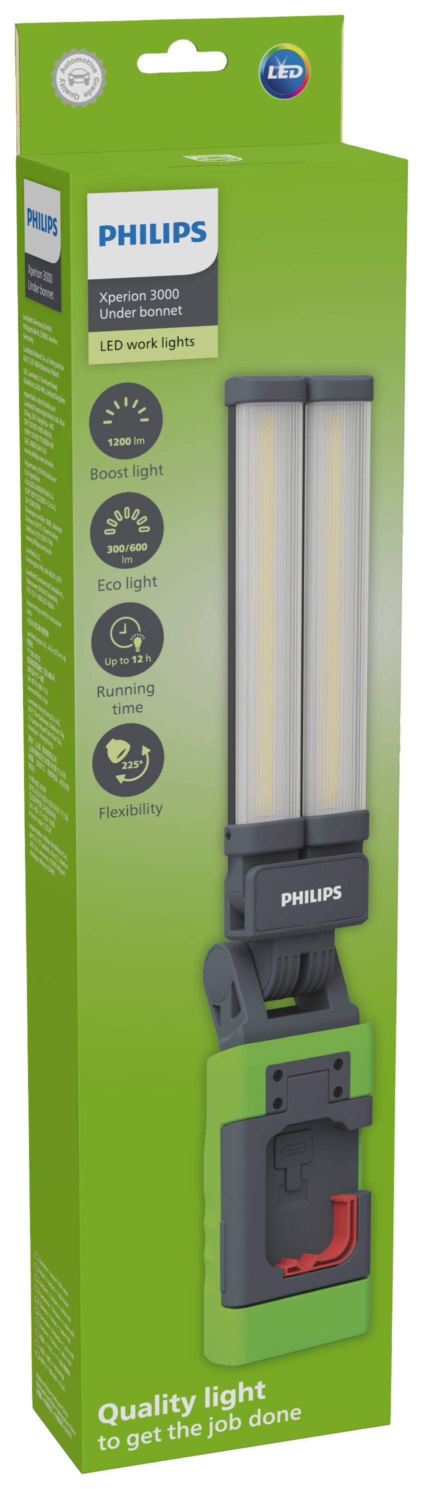 Philips LED Work Light Packaging. Features: bright illumination, long lifespan, energy-efficient, flexible.