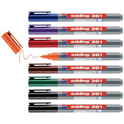 Nine whiteboard markers in different colours, arranged side by side. An orange marker is open and drawing a line.