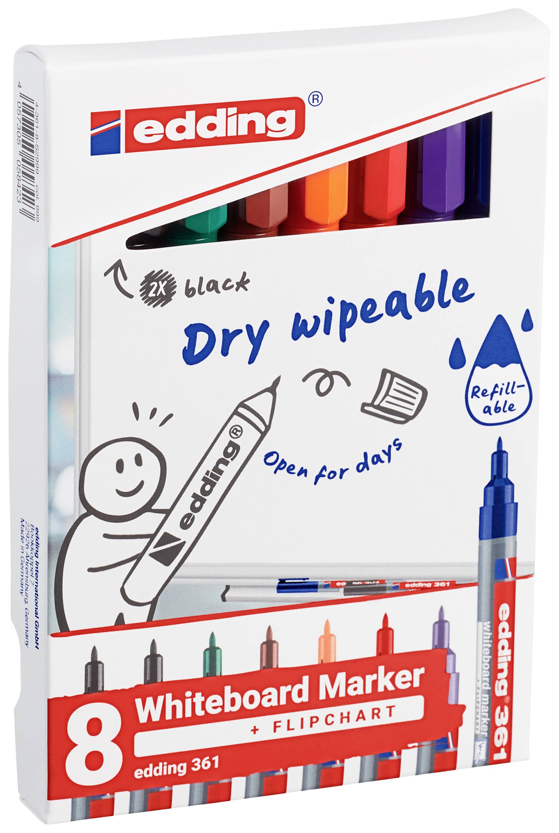 A pack of eight coloured whiteboard markers by edding. Text on it: 'Dry erasable', 'Stays fresh for days', 'Refillable'.