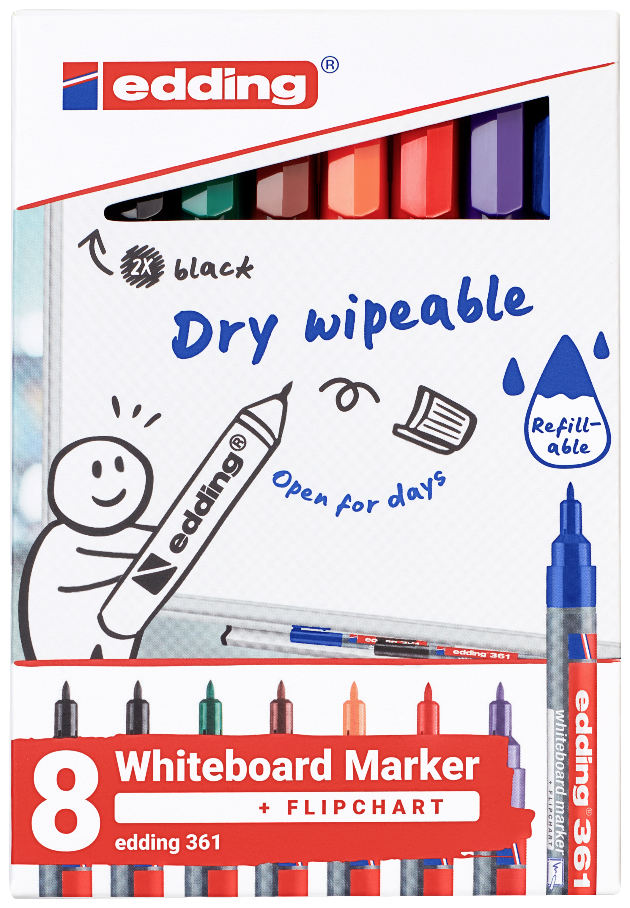 Eight edding whiteboard markers in various colours, suitable for flipcharts. Markings are dry-erasable and refillable.