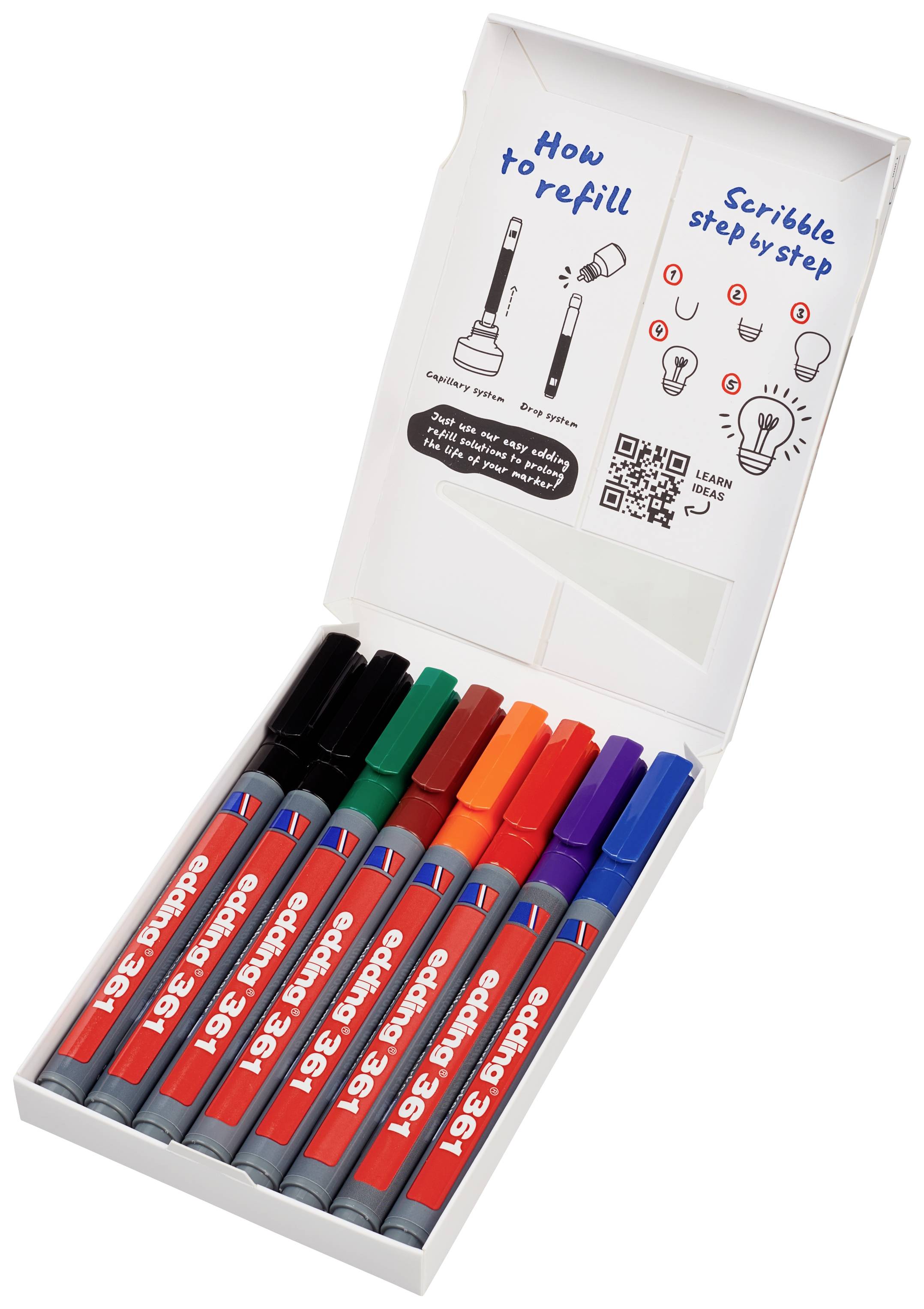 An open box containing ten felt-tip pens in various colours. Refill instructions and QR codes are located on the box lid.