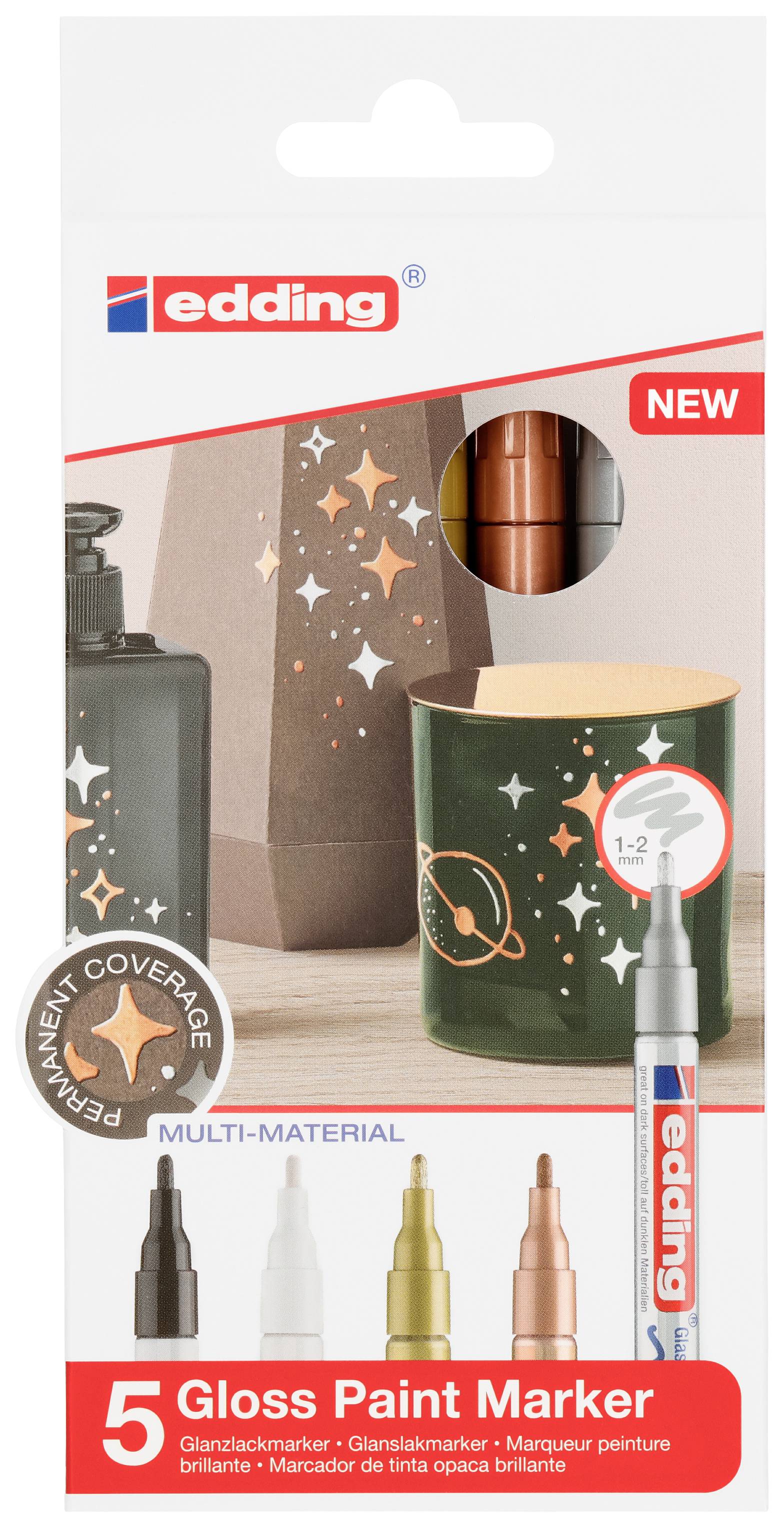 'edding' packaging with five glossy lacquer markers in various colours. Suitable for multi-material surfaces.
