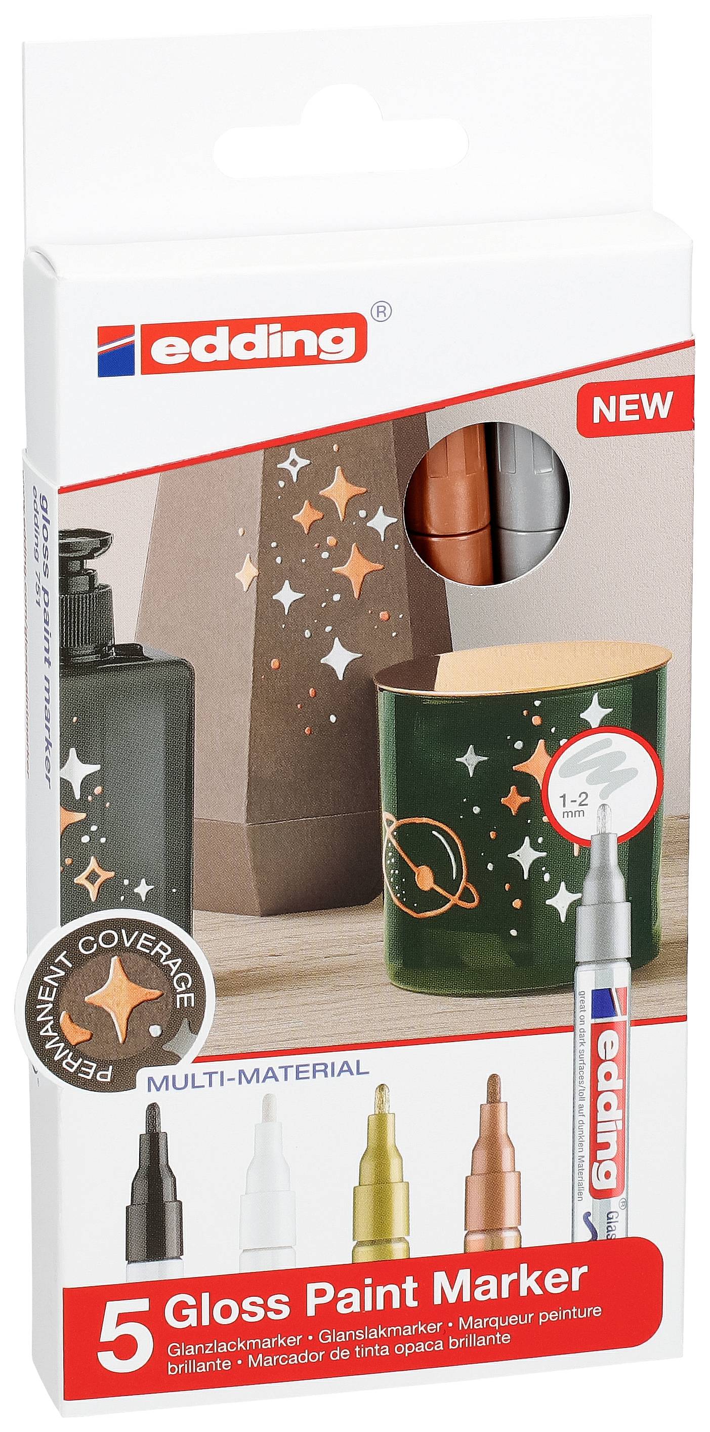 Edding 5 Gloss Paint Marker Set in various colours on packaging. Suitable for smooth surfaces with high coverage.
